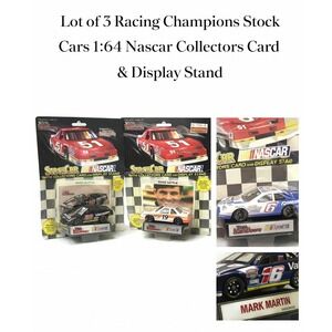 Lot of 3 Racing Champions Stock Cars 1:64 Nascar Collectors Card & Display Stand